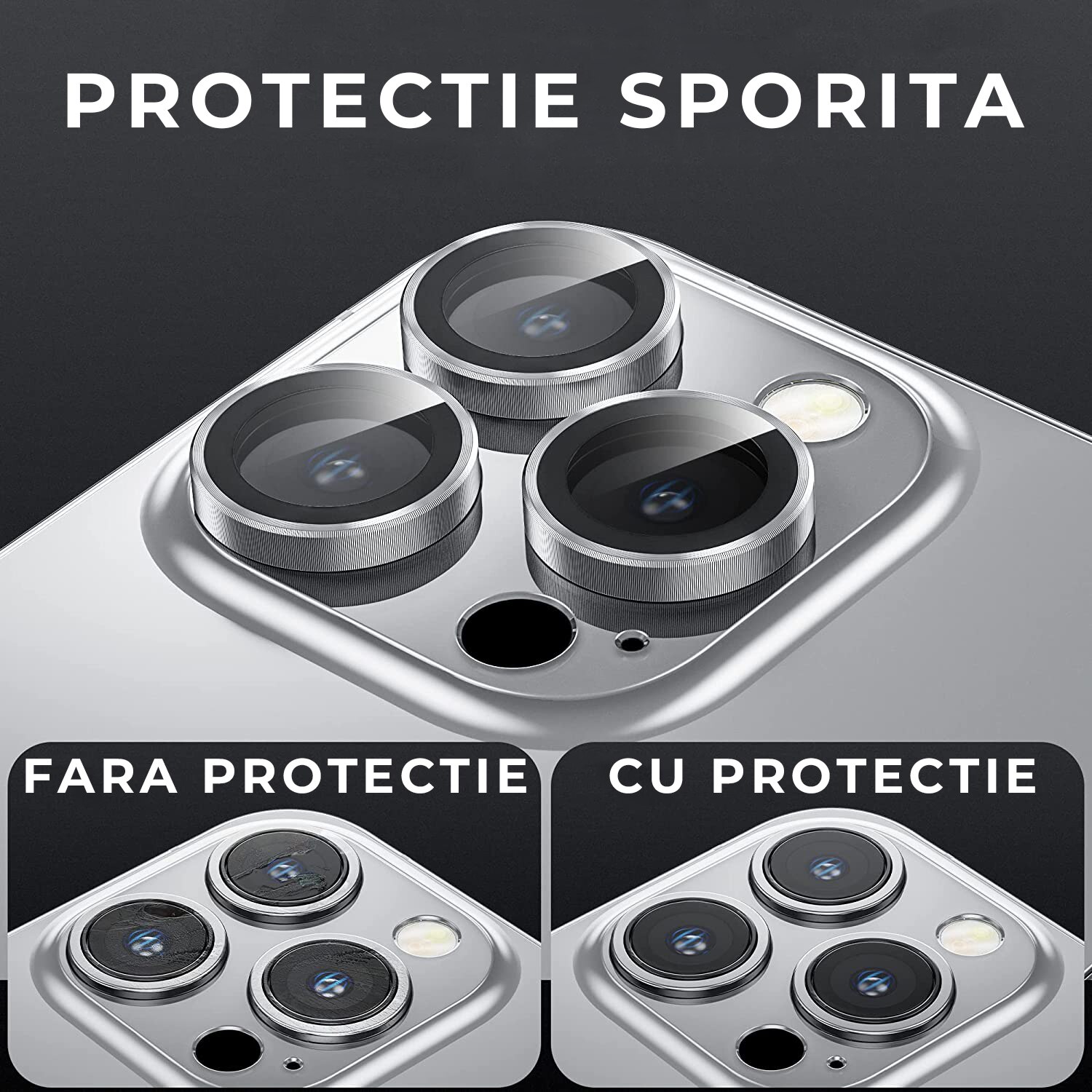 Folie Camera Daden din sticla pentru iPhone 15 Pro Max, Full Cover, Protectie Profesionala, Ultra Rezistenta, Calitate Premium, Silver