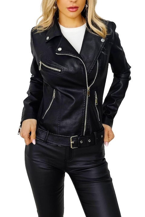 Calabria női kabát, ökológiai bőrből, oldalsó cipzárral, zsebekkel és övvel, Fekete