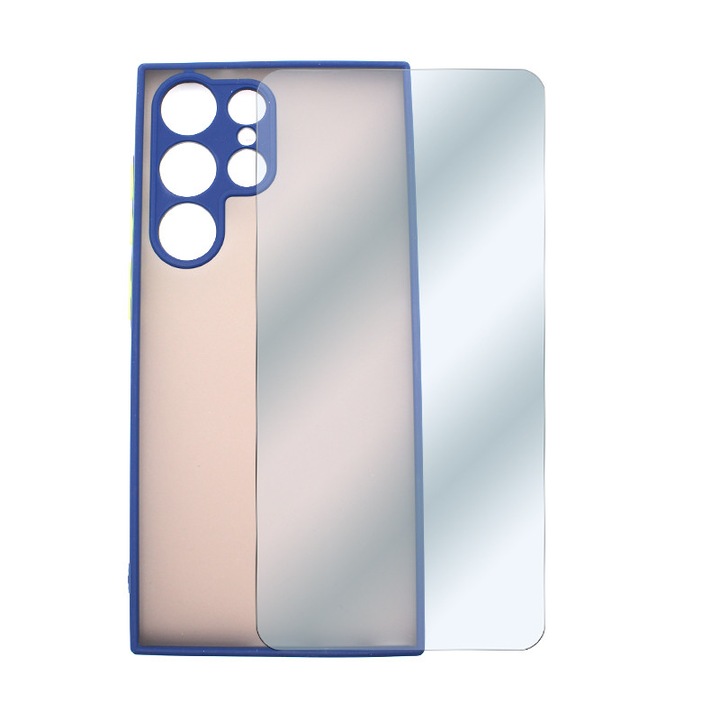 Set format din Folie de protectie din sticla si Husa din silicon pentru Samsung Galaxy S23 Ultra, Camera individual Ultra Safe, Ultra-Navy