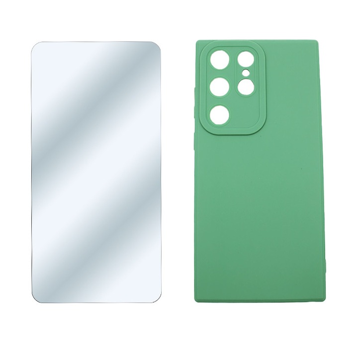 Set format din Folie de protectie din sticla si Husa din silicon pentru Samsung Galaxy S23 Ultra, Camera individual Ultra Safe, Green Grass