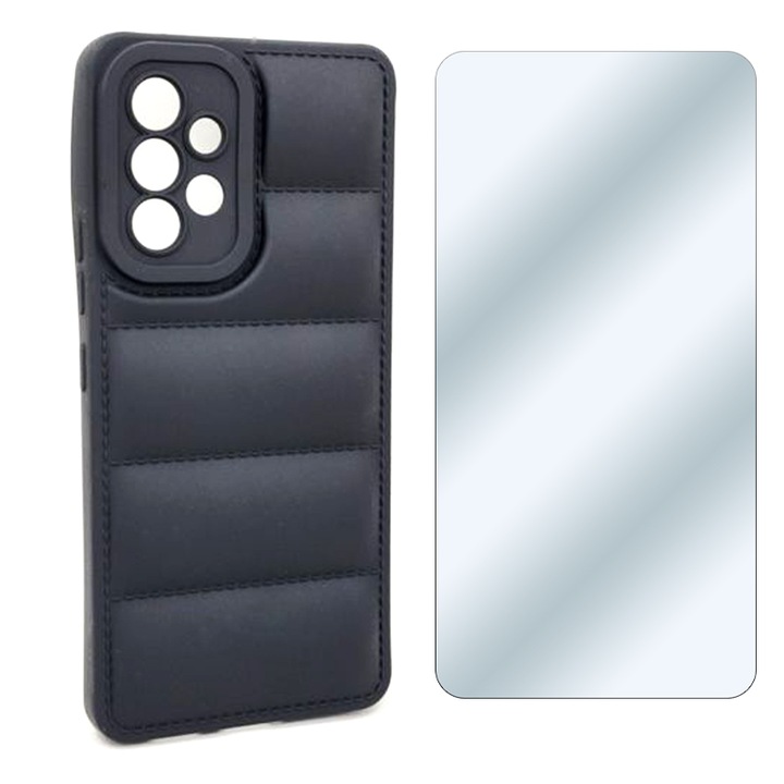 Комплект, състоящ се от защитно стъклено фолио и калъф Puffer Съвместим с Samsung Galaxy A53 5G, Ultra Safe индивидуална камера, Ultra Protect Tech, черен