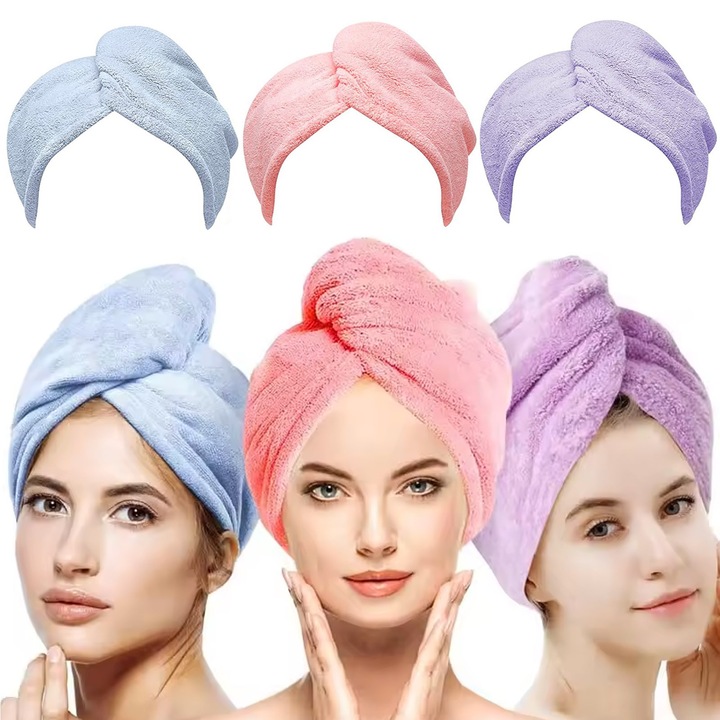 Set 3 prosoape de baie din microfibra, Darklove, Prosop pentru uscarea parului cu nasture pentru fixare, Anti-frizz, Placut la atingere, Pentru absorbtia rapida a apei din toate texturile si lungimile de par, 25x65 cm, Multicolor