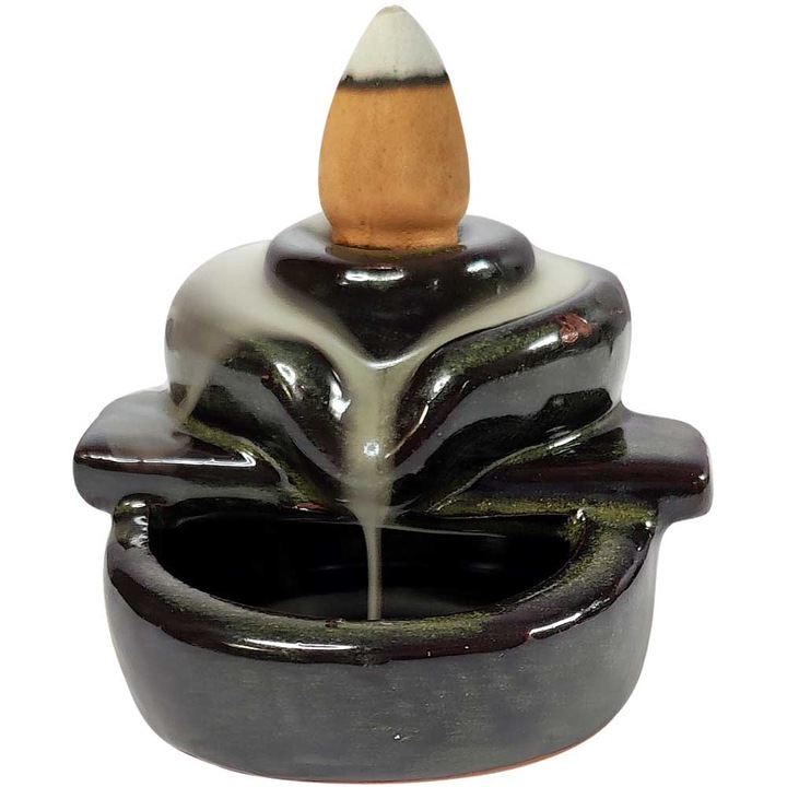 Mini fantana backflow Cheia Familiei, suport conuri fumigene parfumate, ceramica negru