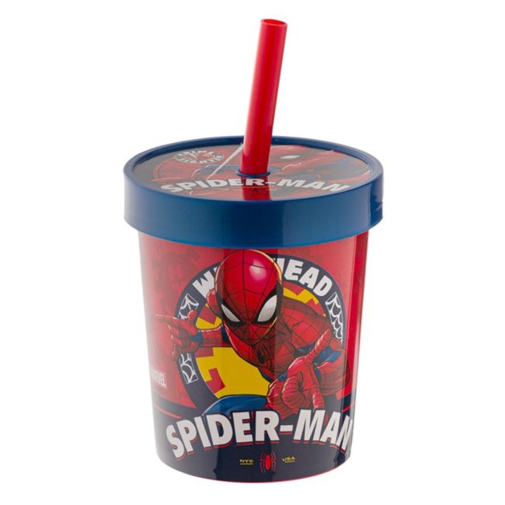 Pahar din plastic cu pai detasabil, 560 ml, model Spider-Man, Multicolor, JMB-BBL7881