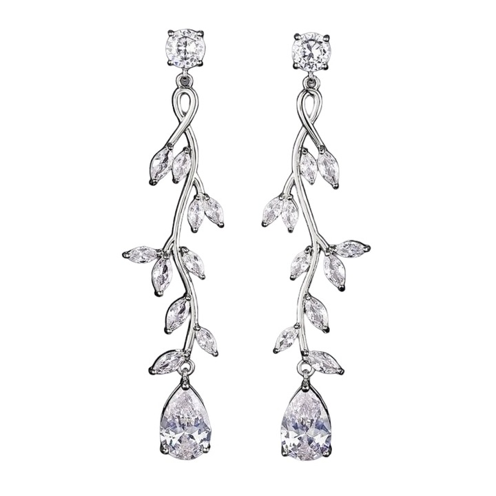 Cercei argintii, lungi, cu crengute si pietre din zirconiu, Sickan C15, Pursehuit