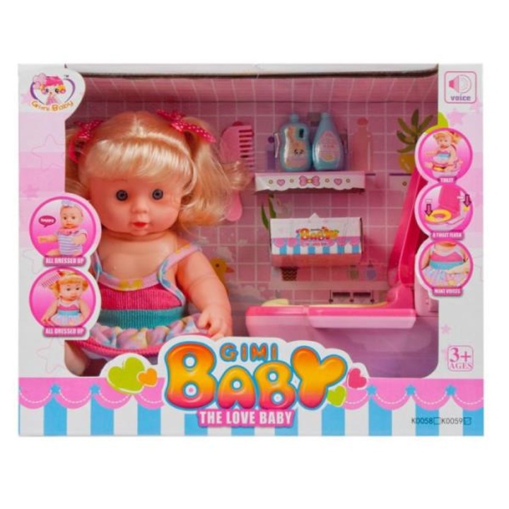 Кукла с аксесоари, Gimi Baby, Елиминиране на звуци/течност, пластмаса/текстил, 25 см, многоцветна