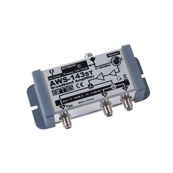 Усилвател на антена, AMS AWS-143SE, 1 вход/3 изхода, 47-862 MHz, 17/20 dB, 75 Ohm