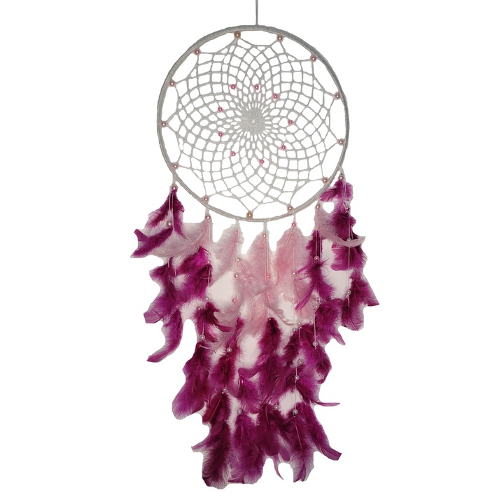 Decoratiune Dreamcatcher gigant Catching Dreams, alb cu magenta, 75-80 cm