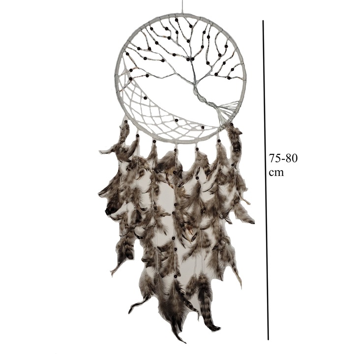 Decoratiune Dreamcatcher gigant Catching Dreams Tree of Life, alb cu maro, 75-80 cm