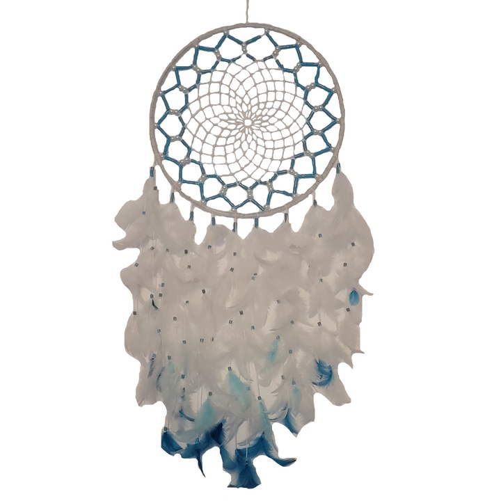Decoratiune Dreamcatcher gigant Catching Dreams, alb cu bleu, 75-80 cm