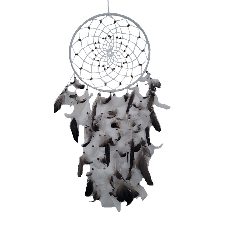 Decoratiune Dreamcatcher gigant Catching Dreams, alb cu maro, 75-80 cm