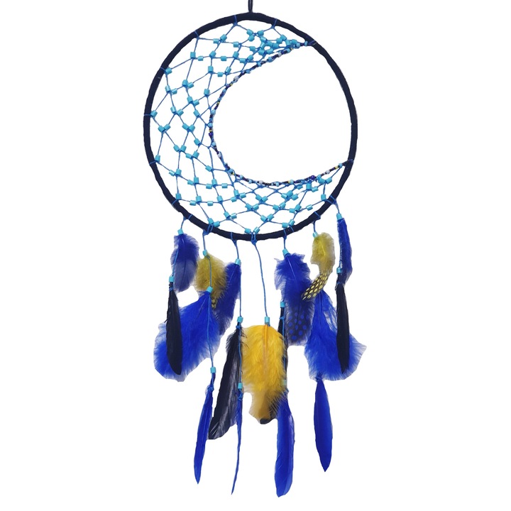 Decoratiune Dreamcatcher Catching Dreams Crescent Moon, bleu, 50-55 cm