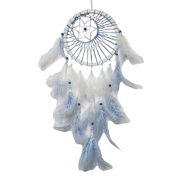 Decoratiune Dreamcatcher Catching Dreams, alb cu bleu, 50-55 cm