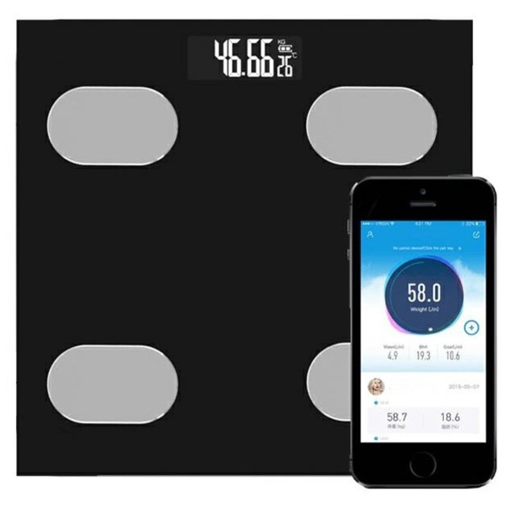 Bluetooth кантар, Капацитет 180 Kg, 28 x 28 x 2,5 cm, Черен