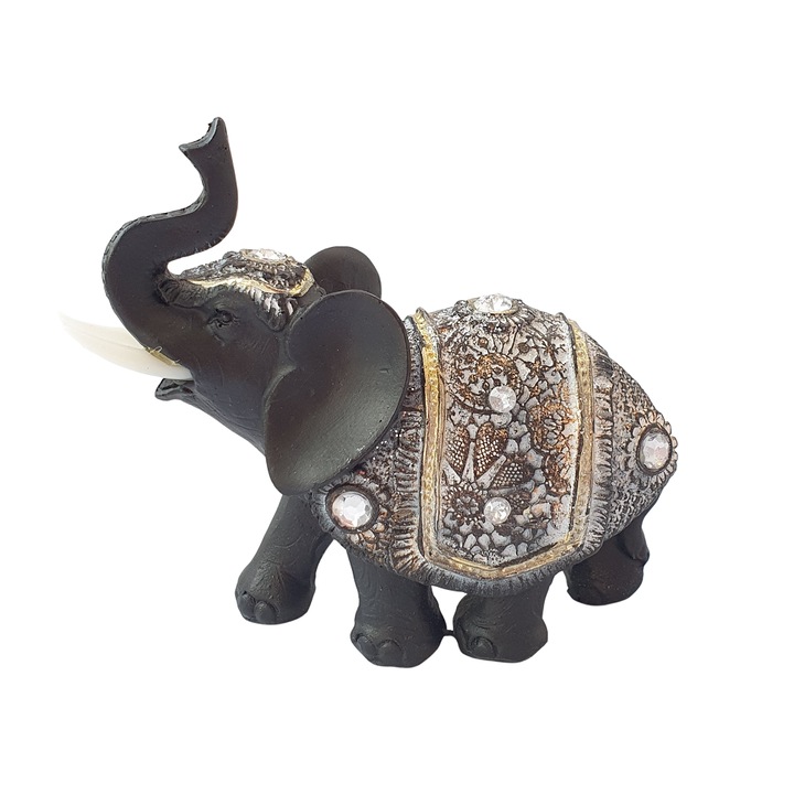 Statueta Elefant Feng Shui din polirasina cu cristale, negru si auriu antichizat 10x12 cm