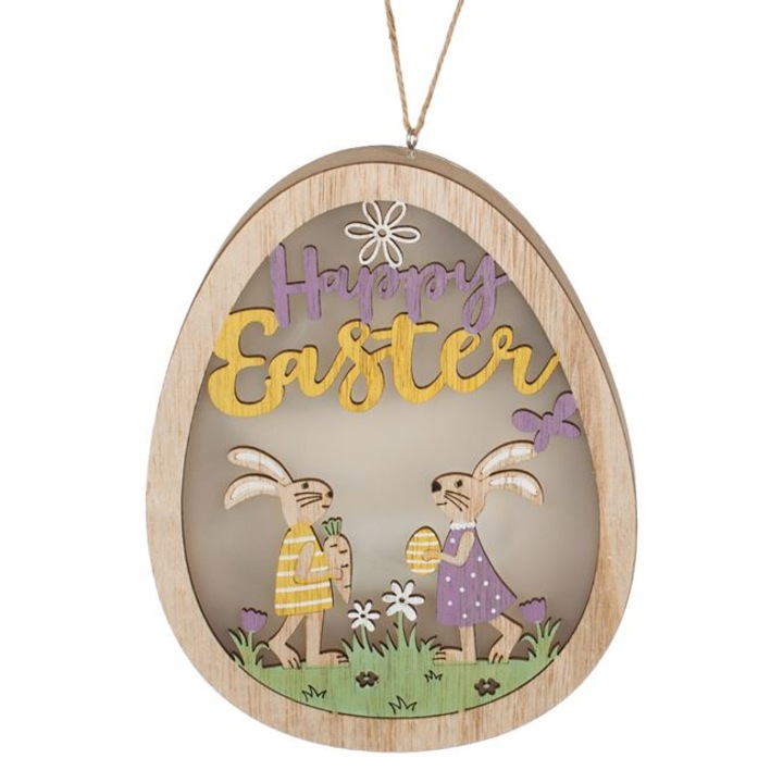 Decoratiune luminoasa de Paste din lemn in forma de ou cu iepurasi, suspendata, 6 LED, multicolora, Dolik, 16x3x20 cm
