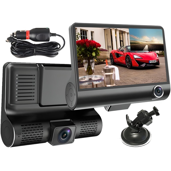 Camera Auto Tripla Fata, Interior, Spate, 4", Full HD, Design Tip Monitor, Negru