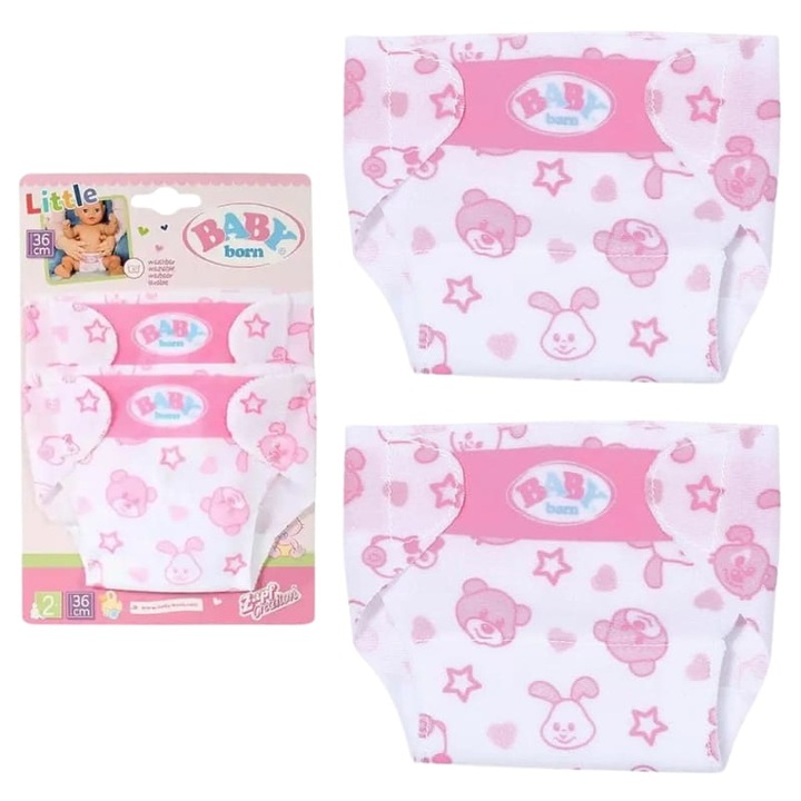 Set Scutece Pentru Papusi Baby Born, Varsta 2+, Spalare La Temperaturi De Pana La 30°C, Scutece Destinate Papusilor Din Seria Baby Born, Papusa Cu Inaltimea De 36 cm, Multicolor, 2 Bucati