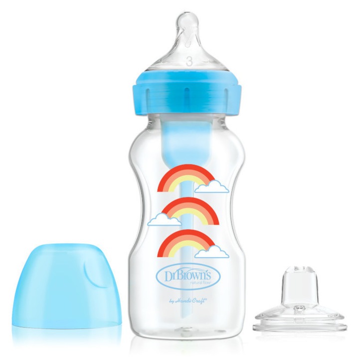 Set de Biberon, Dr Brown's Options, cu tetina si piesa bucala, de la 6 luna, 270 ml, Transparent/Albastru
