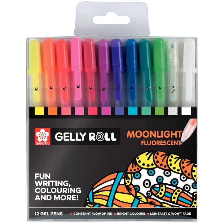 Комплект от 12 флуоресцентни химикалки Sakura Gelly Roll Moonlight, неонови цветове