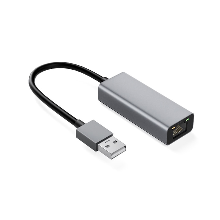 Darklove Ethernet adapter, USB 2.0/RJ45, 100 Mbps, kábel 17,5 cm, tápfeszültség jelzővel, működtetés nélküli telepítés, több rendszerrel kompatibilis, 6x2,4x1,5 cm, alumínium ötvözet, szürke