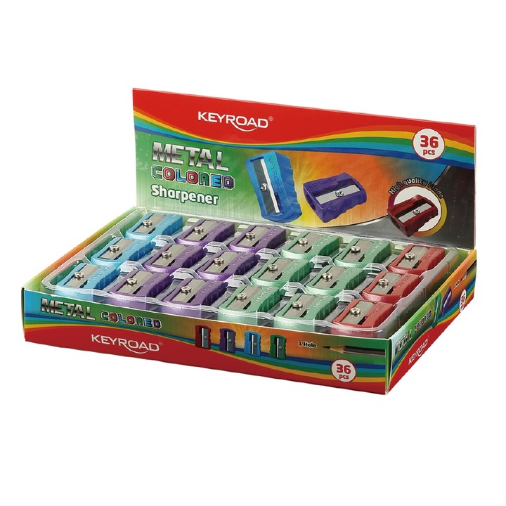Ascutitoare metalica cu 1 gaura, 36 buc/afisaj Keyroad Metal, culori mixte colorate