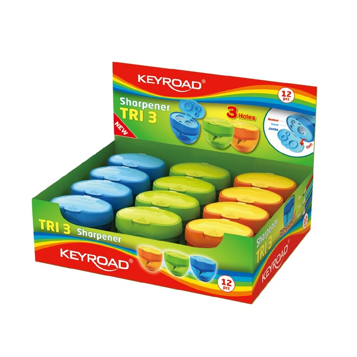 Острилка, контейнер с 3 отвора и капак, 12 броя/дисплея, Keyroad Tris, микс цветове