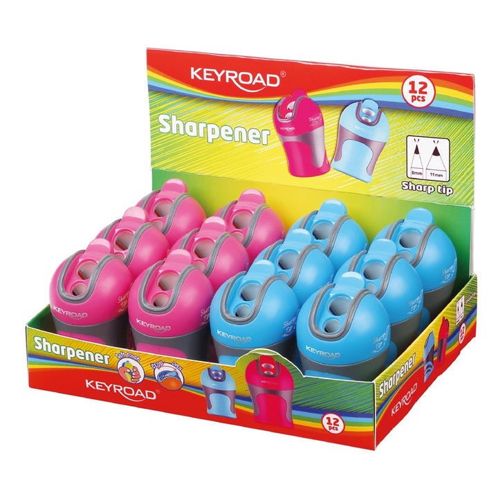 Острилка, контейнер с 2 отвора и капак, 12 броя/дисплея, Keyroad Colour, специални микс цветове