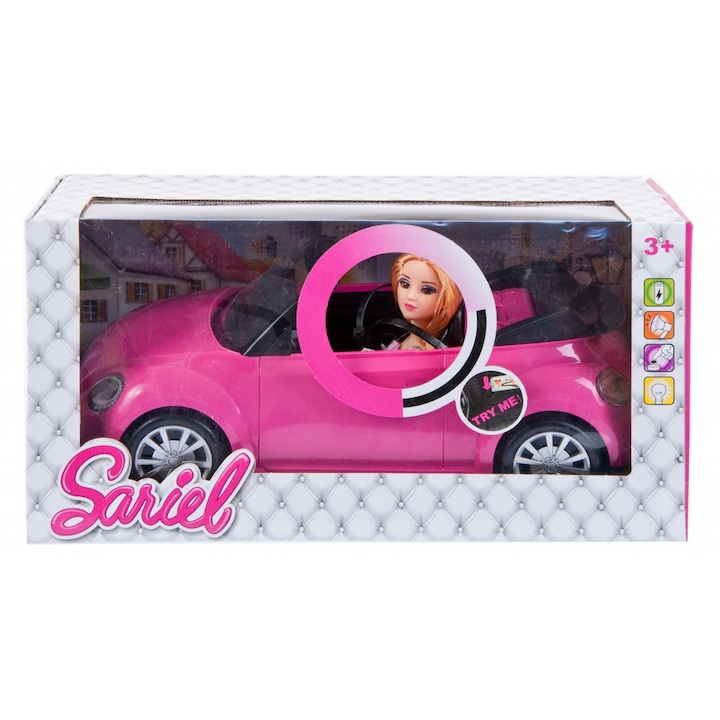 Papusa Barbie, 46X23X22 cm, Cu masina, Roz