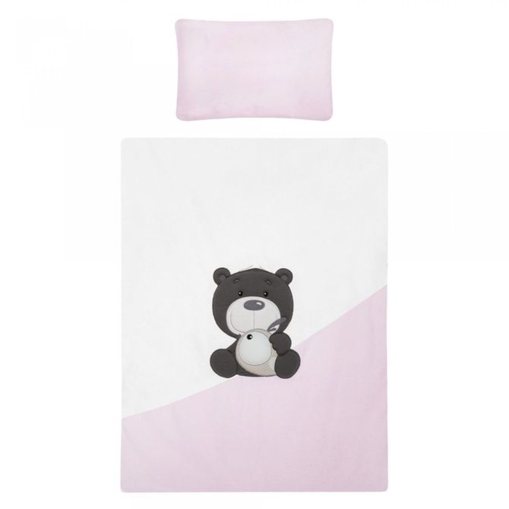 Set lenjerie de patut bebe, LILO&LU, 3 piese, roz/alb