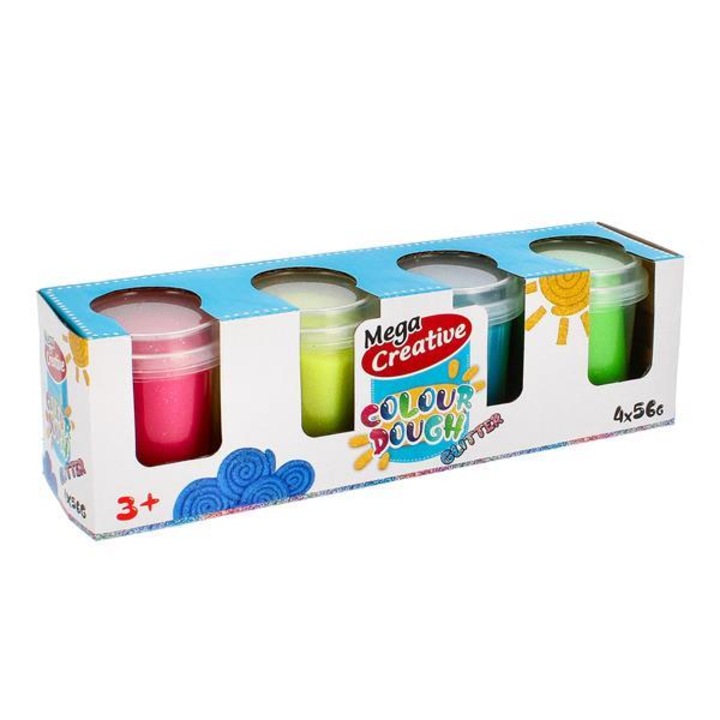 Plastilina Mega Creative Colour Dough Glitter 471258 4x56g roz bleu galben verde +3 ani set 4 culori