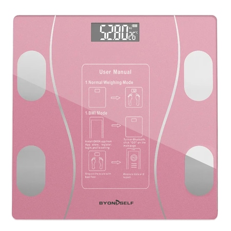 Cantar inteligent de diagnostic corporal, BYONDSELF®, Incarcare USB, Conexiune Bluetooth la Aplicatie de Fitness, Interval de cantarire 0.2-180 kg, Detectare temperatura, Sticla securizata, Roz
