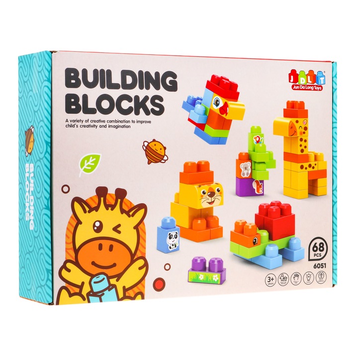 Set 68 caramizi constructie, JDLT, Model animale, 3 ani+, Multicolor