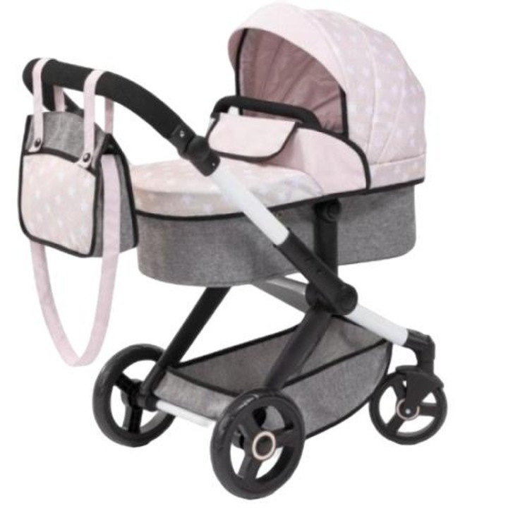 Carucior transformabil 2in1 pentru papusi Bayer Xeo Cream Stars cu gentuta de umar, maner reglabil 58-71 cm, roti pivotante rezistente, cadru pliabil, pentru papusi de maxim 56cm, dimensiune 68x37x73 cm
