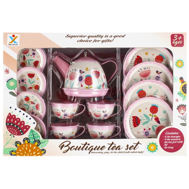 Set de ceai pentru copii cu model floral, 14 piese
