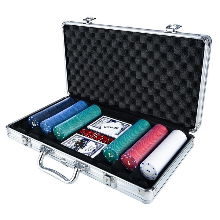 Set de poker 300 piese, 2 talie de carti, 5 zaruri, valiza aluminiu