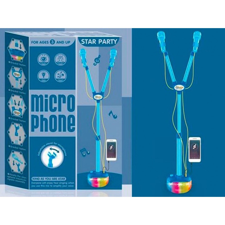 Kék mikrofon fénnyel és hanggal