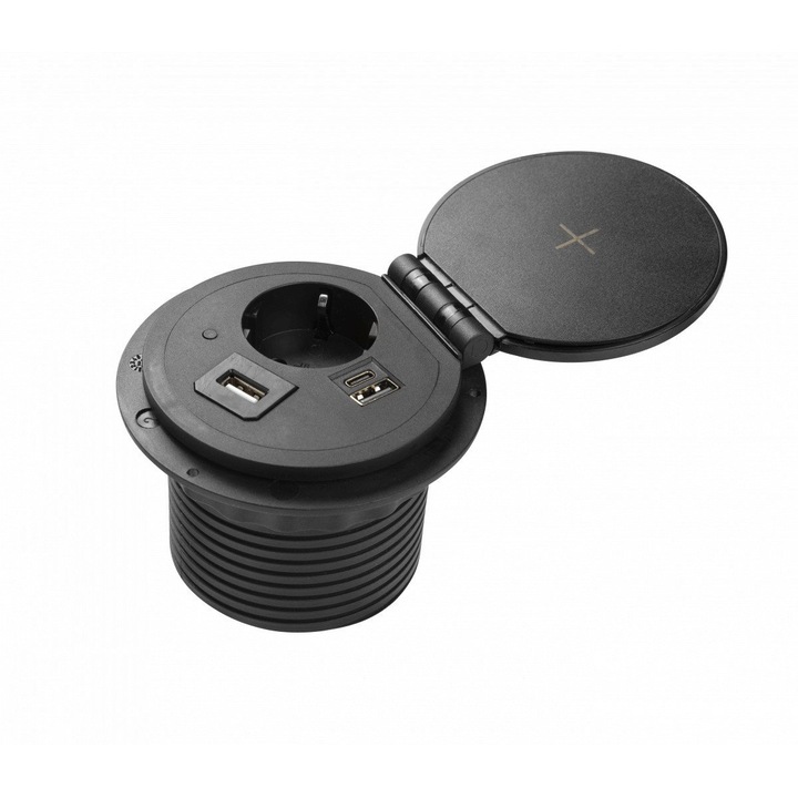 Beépített kerek aljzat, 1 schuko aljzat, USB A+C + 1 cserélhető port (USB A, HDMI, RJ45), vezeték nélküli töltés 5 W, 1,5 m kábel, fekete, GTV