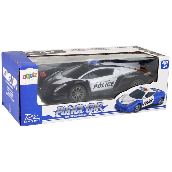 Полицейска кола с дистанционно управление и батерии, Lean Toys, 24cm x 10cm x 7cm, бяло/черно