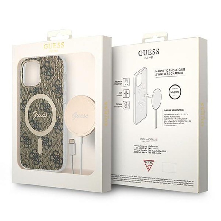 MagSafe 4G-vel kompatibilis Guess készlet - MagSafe tok kompatibilis iPhone 12-hez / iPhone 12 Pro-hoz + töltőkészlet (barna/arany)