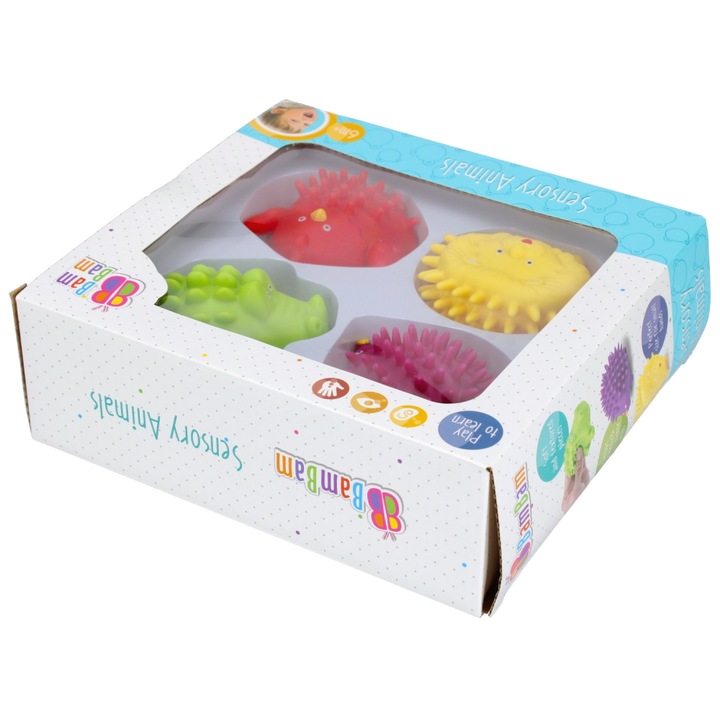 Комплект бебешки сензорни играчки, Бам Бам, Пластмаса, 4 елемента, Многоцветен