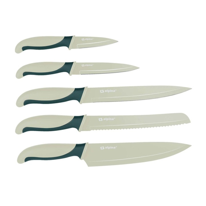 Set 5 cutite, Alpina, Inox, Gri/Verde