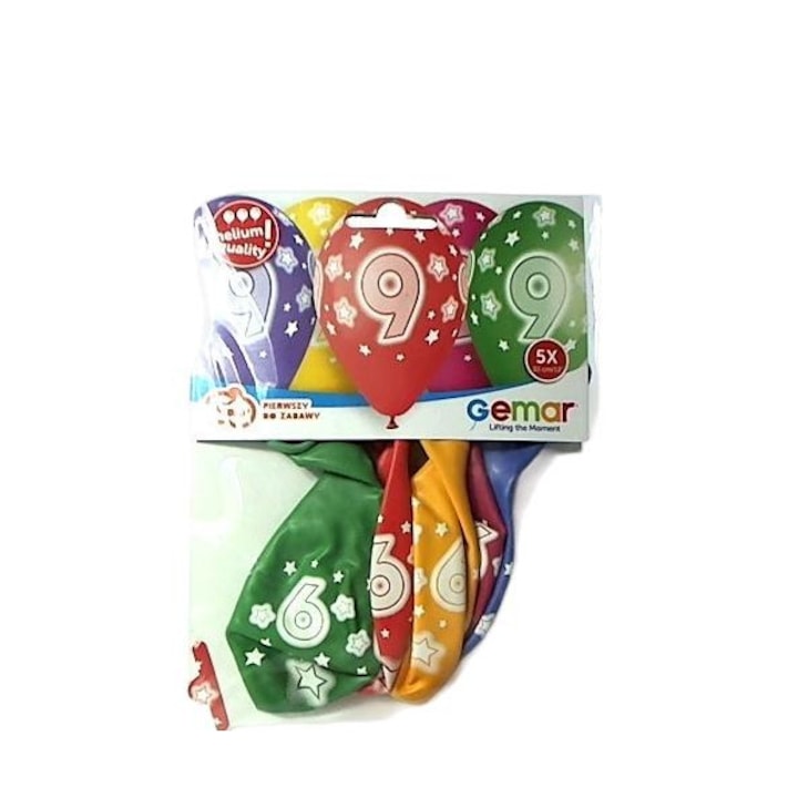 Комплект от 5 балона Gemar, номер 9, многоцветни