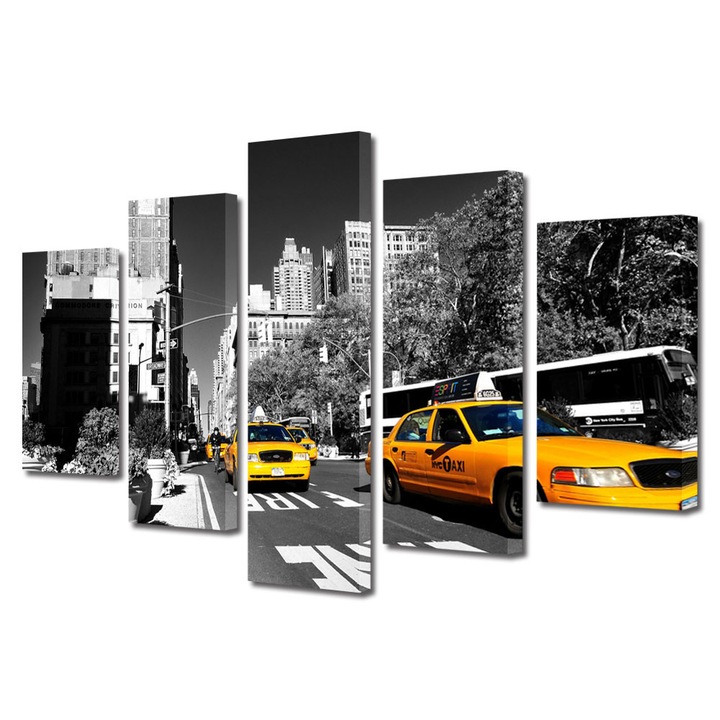 Set Tablouri Multicanvas 5 Piese Urban Orase Taxi in New York, 70 x 125 cm