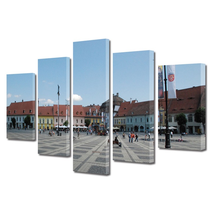 Set Tablouri Multicanvas 5 Piese Urban Orase Orasul Sibiu Piata Mare, 70 x 125 cm