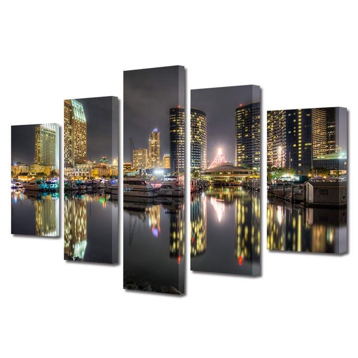 Set Tablouri Multicanvas 5 Piese Urban Orase Portul din San diego, 70 x 125 cm