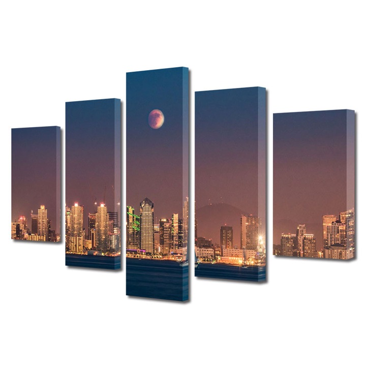 Set Tablouri Multicanvas 5 Piese Urban Orase Eclipsa de luna in San Diego, 70 x 125 cm
