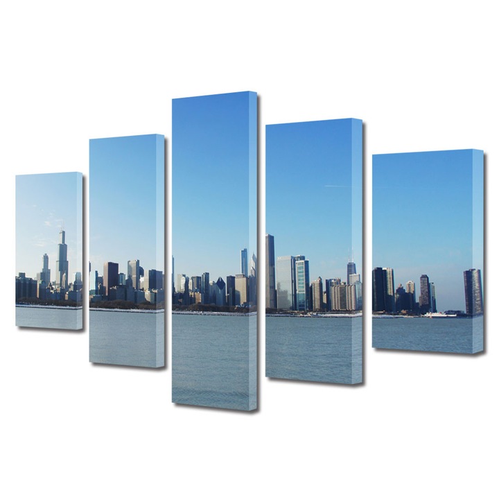 Set Tablouri Multicanvas 5 Piese Urban Orase Chicago in departare, 70 x 125 cm