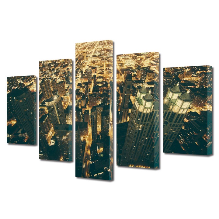 Set Tablouri Multicanvas 5 Piese Urban Orase Lumini in Chicago, 70 x 125 cm
