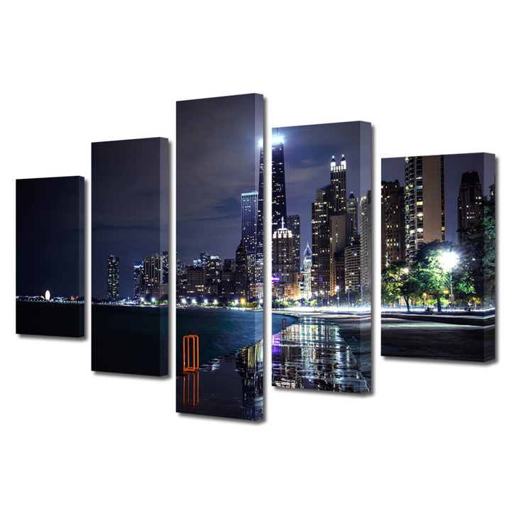 Set Tablouri Multicanvas 5 Piese Urban Orase Chicago Illinois, 70 x 125 cm